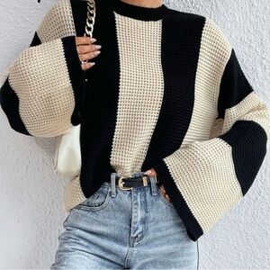 Cream & Black Striped Waffle Knit Sweater
